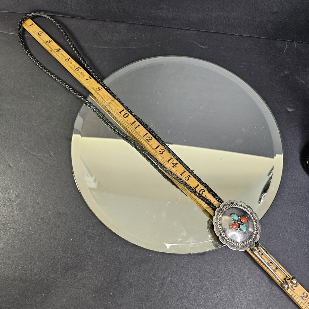 Navajo Turquoise And Coral Sterling Silver Bolo Tie Native American Vintage - Picture 9 of 11